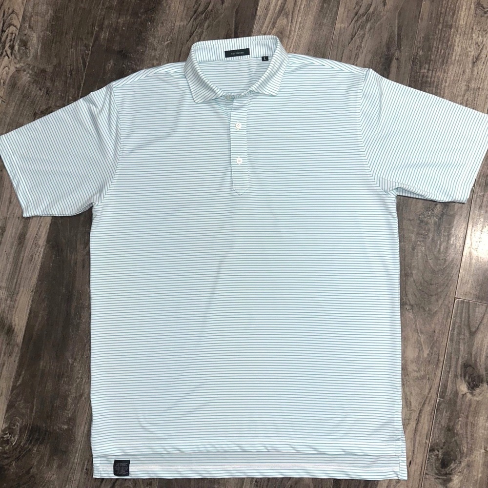 Turtleson Men L Performance Golf Polo Shirt Aqua-Teal White Striped Short Sleeve
